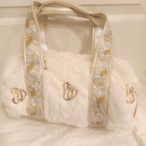 Cute Flirty "Savoy" White Faux Fur Sequin Gold Trim Shoulder Bag